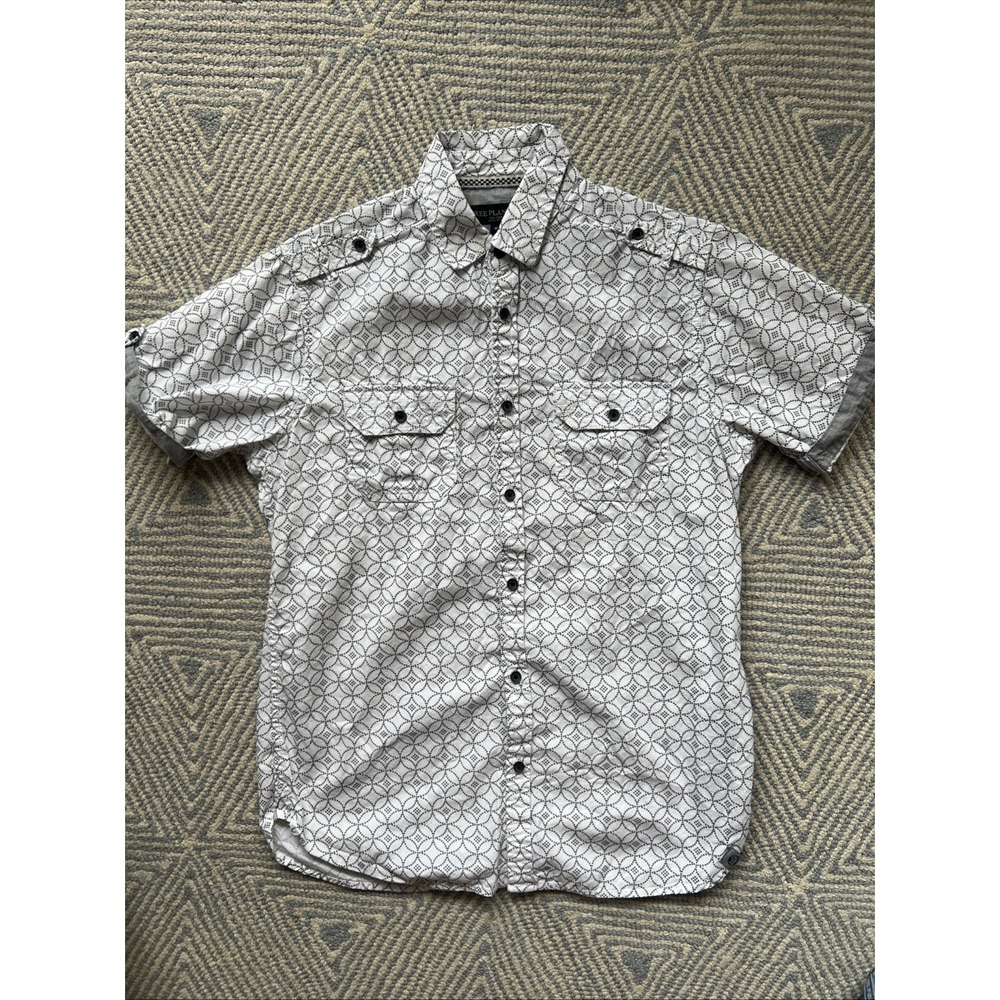 Free Planet Short Sleeve Button Shirt - White w/ Black Circle Pattern - Medium